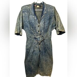 Champagne West Vintage 80s 90s Acid Wash Denim Dolman Dress USA Size 13/14